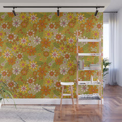 1960s, 1970s Retro Floral in Green, Pink & Orange - Flower Power Wall Mural