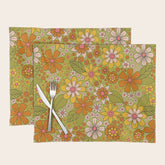 1960s, 1970s Retro Floral in Green, Pink & Orange - Flower Power Placemat