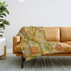 1960s, 1970s Retro Floral in Green, Pink & Orange - Flower Power Throw Blanket