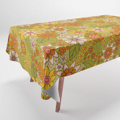1960s, 1970s Retro Floral in Green, Pink & Orange - Flower Power Tablecloth