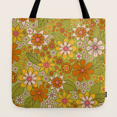 1960s, 1970s Retro Floral in Green, Pink & Orange - Flower Power Tote Bag