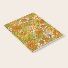 1960s, 1970s Retro Floral in Green, Pink & Orange - Flower Power Notebook