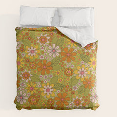 1960s, 1970s Retro Floral in Green, Pink & Orange - Flower Power Comforter