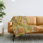 1960s, 1970s Retro Floral in Green, Pink & Orange - Flower Power Throw Blanket