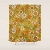 1960s, 1970s Retro Floral in Green, Pink & Orange - Flower Power Shower Curtain