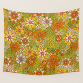 1960s, 1970s Retro Floral in Green, Pink & Orange - Flower Power Wall Tapestry