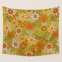 1960s, 1970s Retro Floral in Green, Pink & Orange - Flower Power Wall Tapestry
