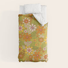 1960s, 1970s Retro Floral in Green, Pink & Orange - Flower Power Comforter