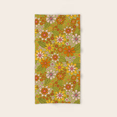 1960s, 1970s Retro Floral in Green, Pink & Orange - Flower Power Bath Towel