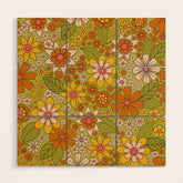 1960s, 1970s Retro Floral in Green, Pink & Orange - Flower Power Wood Wall Art