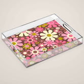 60s 70s Retro Floral Garden Cheerful Flower Pattern in Brown Pink Avocado Acrylic Tray