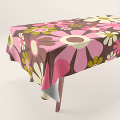 60s 70s Retro Floral Garden Cheerful Flower Pattern in Brown Pink Avocado Tablecloth