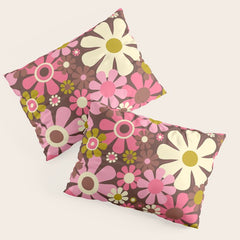 60s 70s Retro Floral Garden Cheerful Flower Pattern in Brown Pink Avocado Pillow Sham