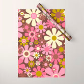 60s 70s Retro Floral Garden Cheerful Flower Pattern in Brown Pink Avocado Wrapping Paper