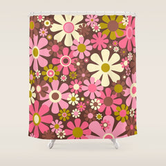 60s 70s Retro Floral Garden Cheerful Flower Pattern in Brown Pink Avocado Shower Curtain