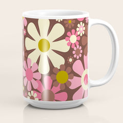 60s 70s Retro Floral Garden Cheerful Flower Pattern in Brown Pink Avocado Coffee Mug