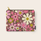 60s 70s Retro Floral Garden Cheerful Flower Pattern in Brown Pink Avocado Carry All Pouch