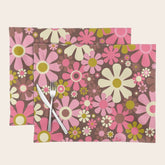 60s 70s Retro Floral Garden Cheerful Flower Pattern in Brown Pink Avocado Placemat