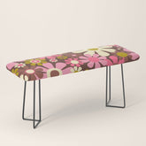 60s 70s Retro Floral Garden Cheerful Flower Pattern in Brown Pink Avocado Bench