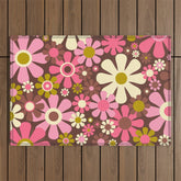 60s 70s Retro Floral Garden Cheerful Flower Pattern in Brown Pink Avocado Outdoor Rug