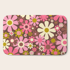 60s 70s Retro Floral Garden Cheerful Flower Pattern in Brown Pink Avocado Bath Mat