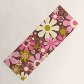 60s 70s Retro Floral Garden Cheerful Flower Pattern in Brown Pink Avocado Yoga Mat