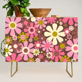 60s 70s Retro Floral Garden Cheerful Flower Pattern in Brown Pink Avocado Credenza