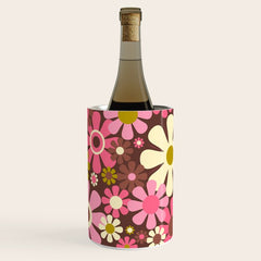 60s 70s Retro Floral Garden Cheerful Flower Pattern in Brown Pink Avocado Wine Chiller
