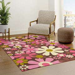 60s 70s Retro Floral Garden Cheerful Flower Pattern in Brown Pink Avocado Rug