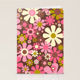 60s 70s Retro Floral Garden Cheerful Flower Pattern in Brown Pink Avocado Stationery Card
