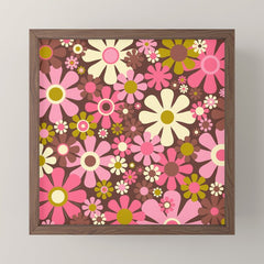 60s 70s Retro Floral Garden Cheerful Flower Pattern in Brown Pink Avocado Mini Art Print