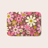 60s 70s Retro Floral Garden Cheerful Flower Pattern in Brown Pink Avocado Bath Mat