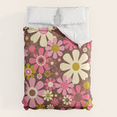 60s 70s Retro Floral Garden Cheerful Flower Pattern in Brown Pink Avocado Comforter