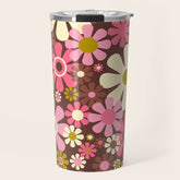 60s 70s Retro Floral Garden Cheerful Flower Pattern in Brown Pink Avocado Travel Mug