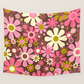 60s 70s Retro Floral Garden Cheerful Flower Pattern in Brown Pink Avocado Wall Tapestry