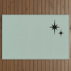 1950s Atomic Age Minimalist Starburst Pair in Black and 50s Celadon Teal Solid Outdoor Rug
