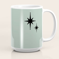 1950s Atomic Age Minimalist Starburst Pair in Black and 50s Celadon Teal Solid Coffee Mug