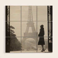 1920 Woman at the Gate, Eiffel Tower black and white photography / jazz age black & white photograph Wood Wall Art