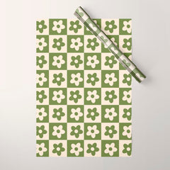 90s flowers checkers cream and green Wrapping Paper