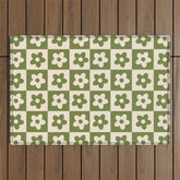 90s flowers checkers cream and green Outdoor Rug