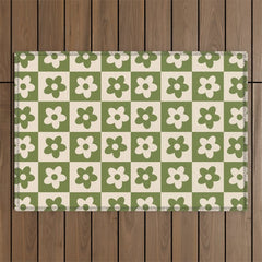 90s flowers checkers cream and green Outdoor Rug