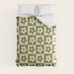 90s flowers checkers cream and green Comforter