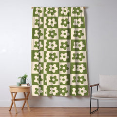90s flowers checkers cream and green Window Curtain