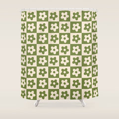 90s flowers checkers cream and green Shower Curtain