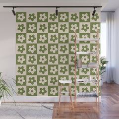 90s flowers checkers cream and green Wall Mural