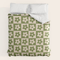90s flowers checkers cream and green Comforter