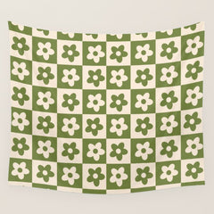 90s flowers checkers cream and green Wall Tapestry