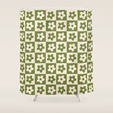 90s flowers checkers cream and green Shower Curtain