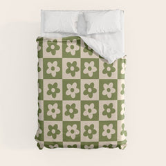 90s flowers checkers cream and green Duvet Cover