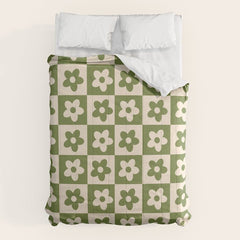 90s flowers checkers cream and green Comforter